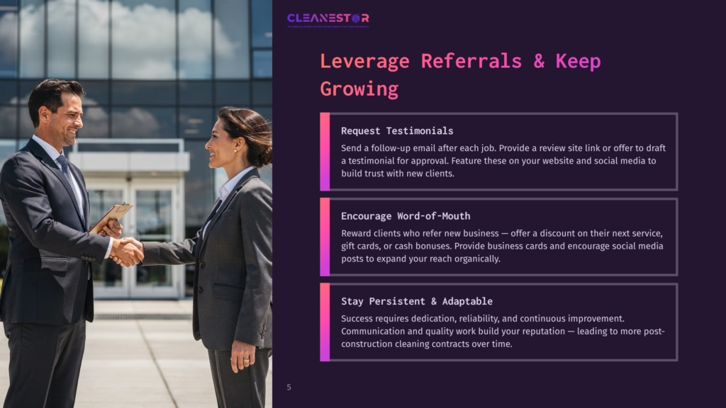 5 Leverage Referrals And Keep Growing Cleanestor Logo Above Two Professionals Shaking Hands In Front Of A Modern Building, Discussing Business Growth And Referral Strategies.