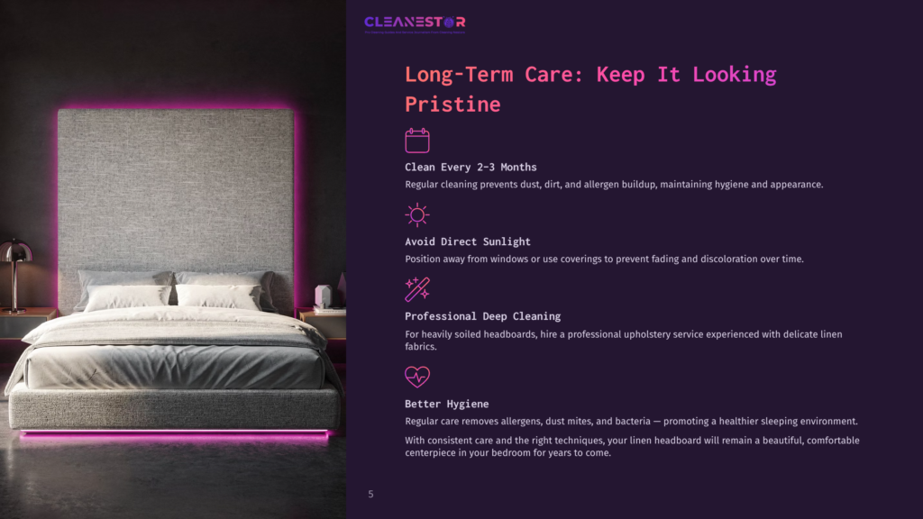 A Luxurious Bedroom Features A King-Size Bed With A Textured Grey Headboard Illuminated By Neon Pink Lighting. The Headboard Displays Text: &Quot;Cleanestor Long-Term Care: Keep It Looking Pristine&Quot;.