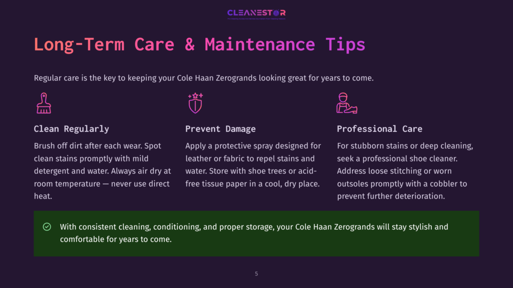 Long-Term Care &Amp; Maintenance Tips For Cole Haan Zerogrand Shoes: Clean Regularly, Prevent Damage, Professional Care. Includes Icons For Each Tip.