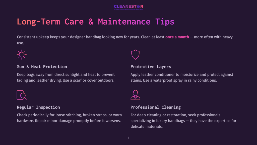 5 Long Term Care And Maintenance Tips Cleanestor Logo And &Quot;Long-Term Care &Amp; Maintenance Tips&Quot; Title. Below Are Icons And Text For Sun &Amp; Heat Protection, Protective Layers, Regular Inspection, And Professional Cleaning For Designer Handbags.
