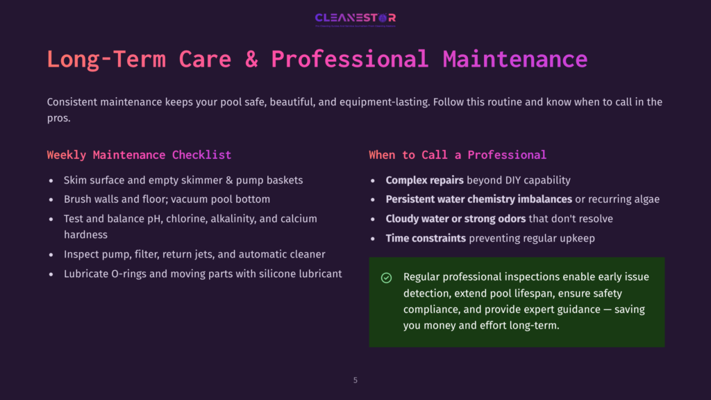 A Dark Purple Background Displays &Quot;Cleanestor&Quot; Logo And Title &Quot;Long-Term Care &Amp; Professional Maintenance&Quot; With Bulleted Lists For &Quot;Weekly Maintenance Checklist&Quot; And &Quot;When To Call A Professional&Quot; Detailing Pool Care.