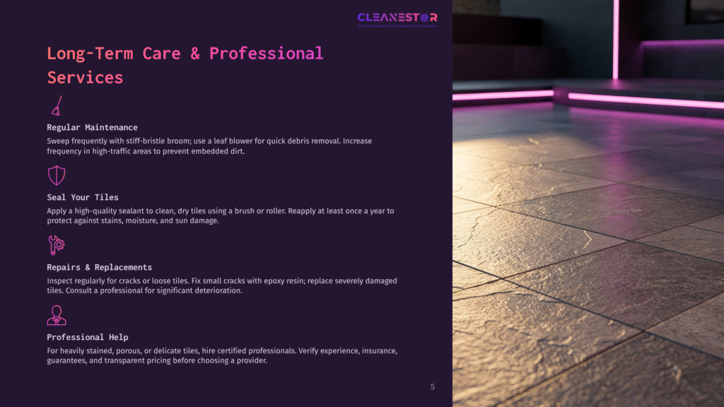 5 Long Term Care And Professional Services Cleanestor Logo At The Top Of A Dark Purple Background With Text About Long-Term Care And Professional Services For Tiles, With An Image Of A Modern Tiled Floor With Purple Led Lighting.
