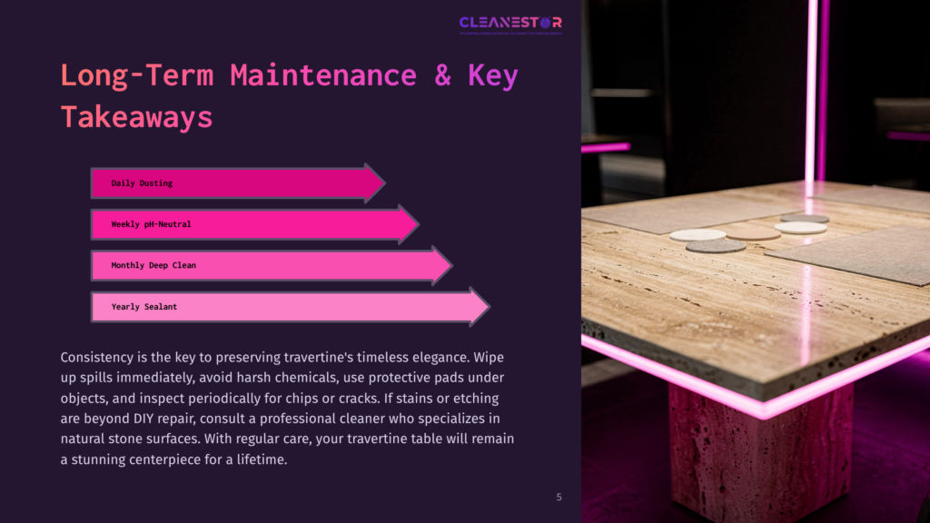 A Travertine Table With A Pink Led Light Border Sits In A Modern Interior, Emphasizing Long-Term Maintenance With An Infographic Highlighting Daily Dusting, Weekly Ph-Neutral Cleaning, Monthly Deep Clean, And Yearly Sealant Application.
