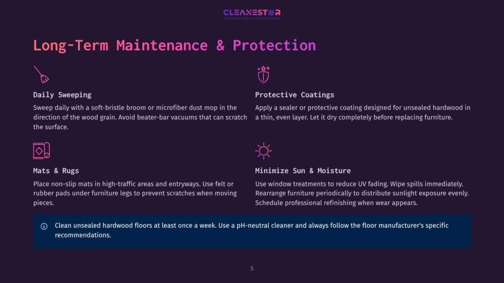 5 Long Term Maintenance And Protection Graphic With Text About Long-Term Hardwood Floor Maintenance: Daily Sweeping, Protective Coatings, Mats &Amp; Rugs, And Minimizing Sun &Amp; Moisture. Includes Icons For Each Section.