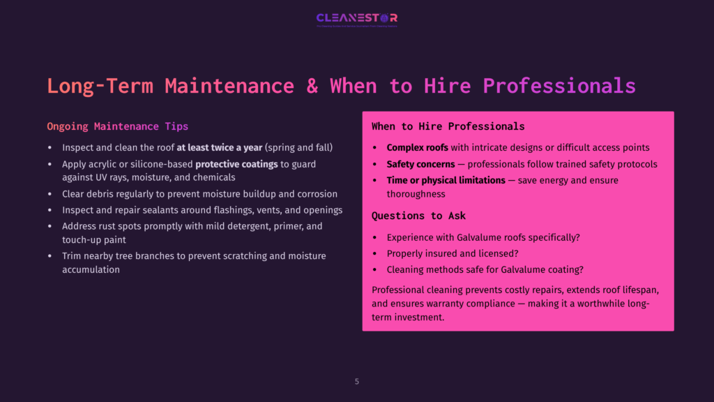 5 Long Term Maintenance And When To Hire Professionals Presentation Slide Titled &Quot;Long-Term Maintenance &Amp; When To Hire Professionals,&Quot; Detailing Tips For Ongoing Maintenance And Questions To Ask Professionals.