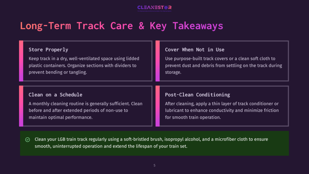 Diagram Titled &Quot;Long-Term Track Care &Amp; Key Takeaways&Quot; With Four Sections: &Quot;Store Properly,&Quot; &Quot;Cover When Not In Use,&Quot; &Quot;Clean On A Schedule,&Quot; And &Quot;Post-Clean Conditioning.&Quot; A Final Green Bar At The Bottom Summarizes Cleaning Advice.