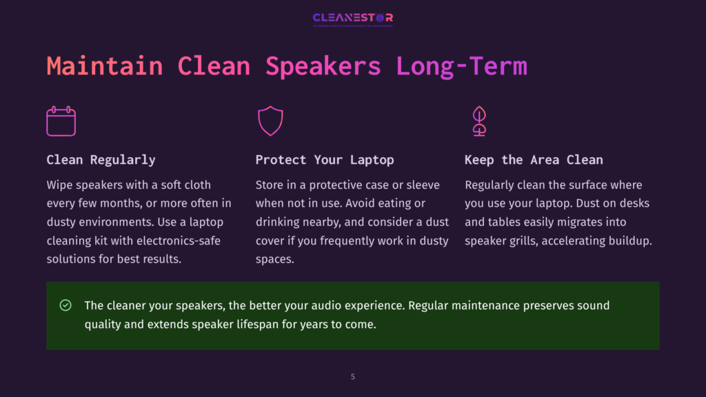 Cleanestor Logo With Text &Quot;Maintain Clean Speakers Long-Term&Quot; And Three Icons: A Calendar, A Shield, And A Gear, With Accompanying Text On Cleaning And Protecting Speakers And Laptops.