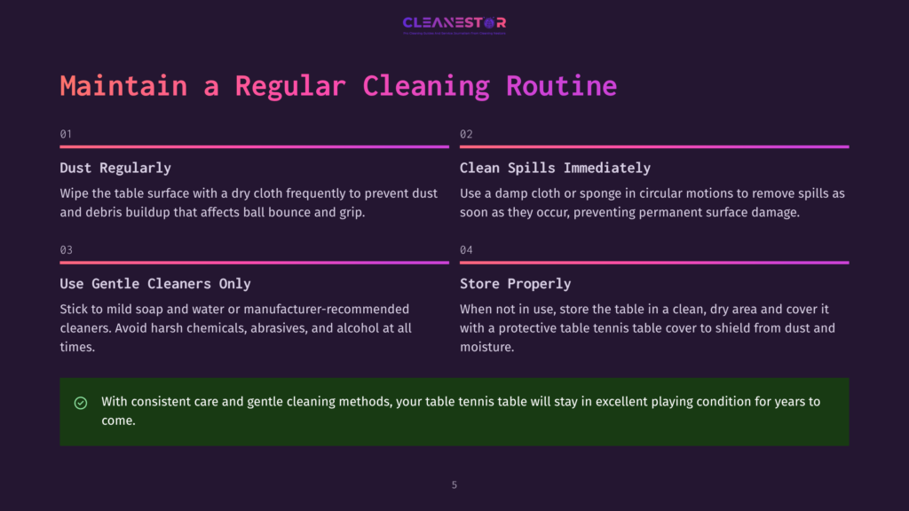 Infographic Titled &Quot;Maintain A Regular Cleaning Routine&Quot; For A Table Tennis Table, Detailing Dust Removal, Spill Cleanup, Gentle Cleaners, And Storage.