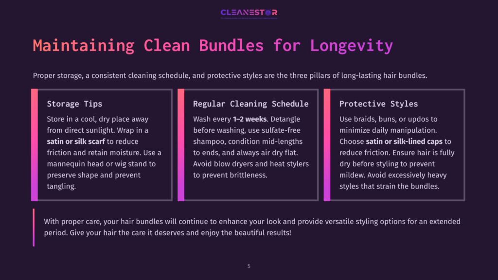 Infographic On Maintaining Clean Hair Bundles For Longevity, Detailing Storage Tips, Regular Cleaning Schedule, And Protective Styles.