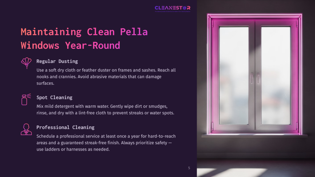 Cleanestor Logo With The Text &Quot;Maintaining Clean Pella Windows Year-Round&Quot; And Tips For Regular Dusting, Spot Cleaning, And Professional Cleaning. A Bright, Modern Window With Pink Led Lighting Is Visible.