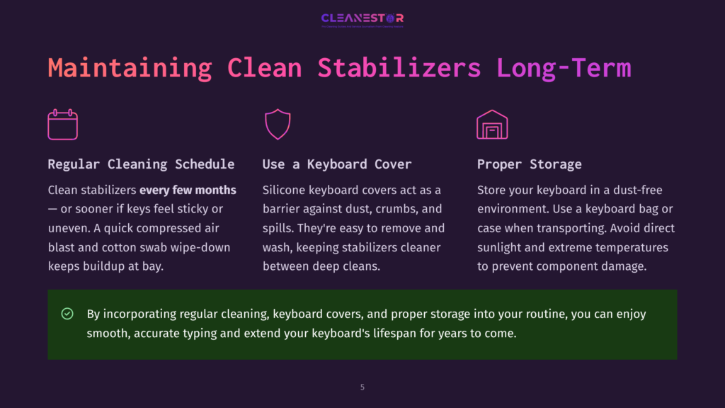 A Dark Purple Graphic With Neon Pink Text Titled &Quot;Maintaining Clean Stabilizers Long-Term&Quot; And Three Columns Detailing Regular Cleaning, Keyboard Covers, And Proper Storage For Keyboards.