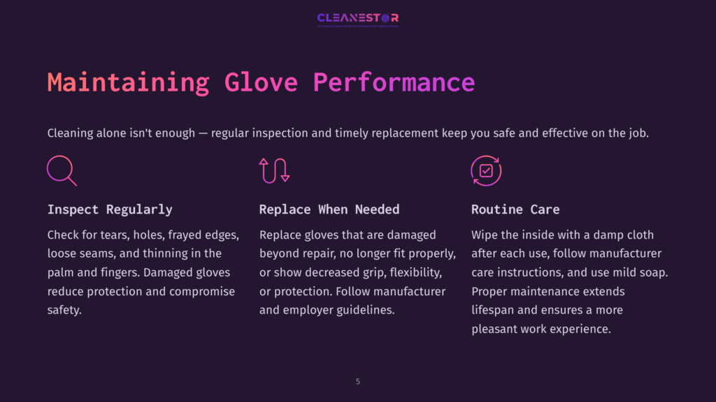 Cleanestor Logo And Text: &Quot;Maintaining Glove Performance&Quot; With Icons And Text For Inspect Regularly, Replace When Needed, And Routine Care.