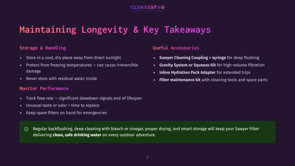 Cleanestor Logo And Text: &Quot;Maintaining Longevity &Amp; Key Takeaways&Quot; With Bullet Points On Storage, Performance, And Accessories For Sawyer Water Filters.