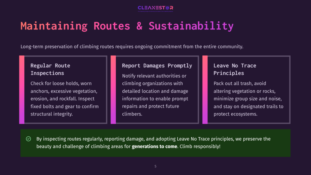 Three Columns Titled &Quot;Regular Route Inspections&Quot;, &Quot;Report Damages Promptly&Quot;, And &Quot;Leave No Trace Principles&Quot; With Bulleted Lists Of Climbing Route Maintenance Tips. The Background Is Dark Purple.