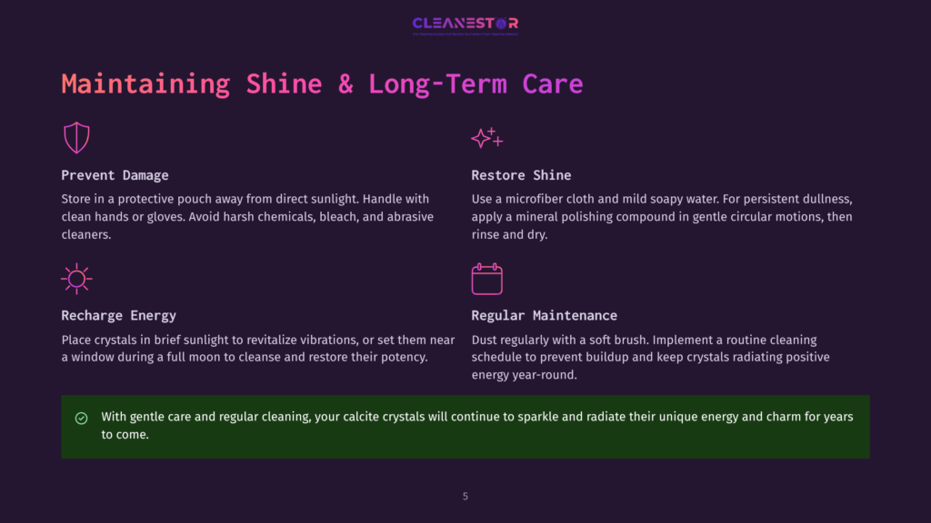 Infographic Detailing How To Maintain The Shine And Long-Term Care Of Crystals, With Icons For Protection, Shine, Recharge, And Maintenance.