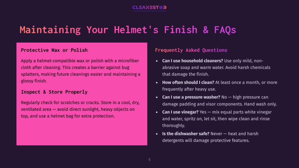 A Presentation Slide Titled &Quot;Maintaining Your Helmet'S Finish &Amp; Faqs&Quot; With Sections On &Quot;Protective Wax Or Polish&Quot; And &Quot;Frequently Asked Questions&Quot; About Helmet Cleaning.
