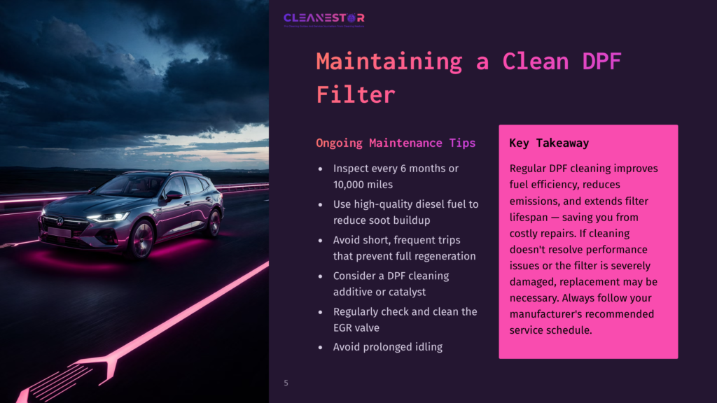 A Modern Suv Drives On A Road Illuminated By Glowing Pink Lines, With The Text &Quot;Cleanestor Maintaining A Clean Dpf Filter&Quot; Visible.
