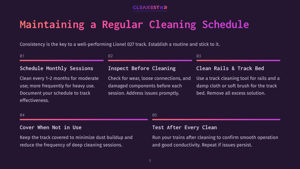 Cleanestor Logo And Text: &Quot;Maintaining A Regular Cleaning Schedule&Quot; With Numbered Steps Including &Quot;Schedule Monthly Sessions,&Quot; &Quot;Inspect Before Cleaning,&Quot; &Quot;Clean Rails &Amp; Track Bed,&Quot; &Quot;Cover When Not In Use,&Quot; And &Quot;Test After Every Clean.