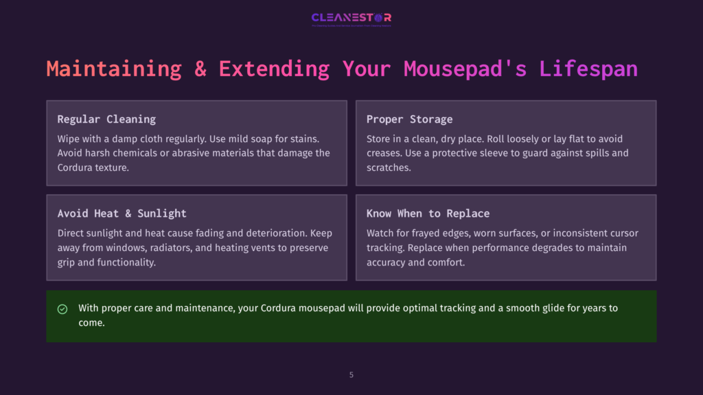 Cleanestor Logo Above A Dark Purple Background Displaying Four Boxes With Tips On Maintaining And Extending Mousepad Lifespan: Regular Cleaning, Proper Storage, Avoid Heat &Amp; Sunlight, And Know When To Replace. A Green Bar At The Bottom Reads: &Quot;With Proper Care And Maintenance, Your Cordura Mousepad Will Provide Optimal Tracking And A Smooth Glide For Years To Come.