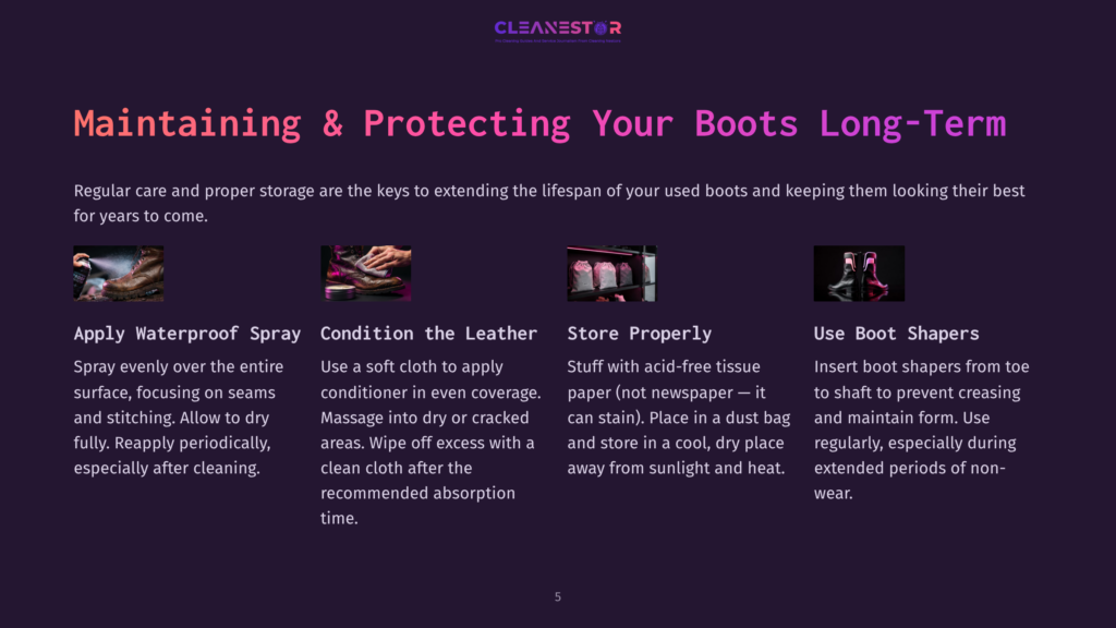 Four Images Demonstrate Boot Maintenance: Applying Waterproof Spray, Conditioning Leather, Storing Boots Properly In A Dust Bag, And Using Boot Shapers To Prevent Creasing.