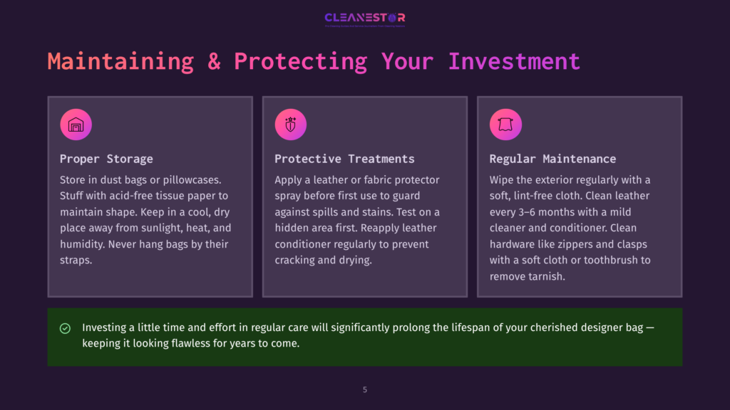 Infographic Detailing Maintaining Designer Bags, Including Proper Storage, Protective Treatments, And Regular Maintenance.