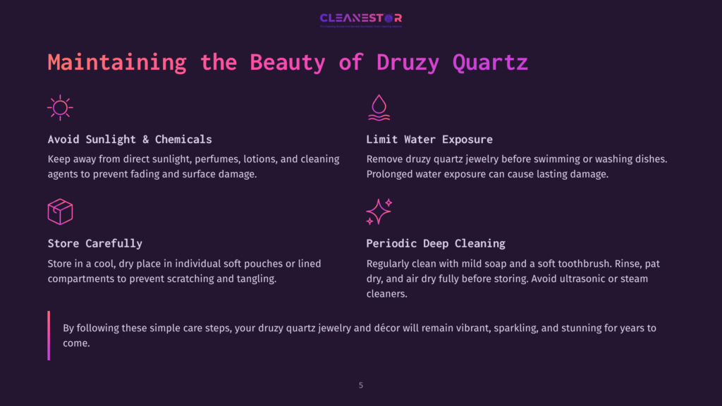 Infographic With Text: &Quot;Cleanestor&Quot;, &Quot;Maintaining The Beauty Of Druzy Quartz&Quot;, &Quot;Avoid Sunlight &Amp; Chemicals&Quot;, &Quot;Limit Water Exposure&Quot;, &Quot;Store Carefully&Quot;, &Quot;Periodic Deep Cleaning&Quot;.