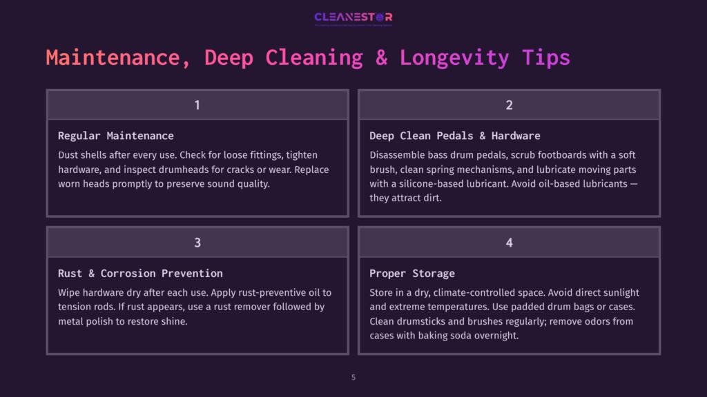 5 Maintenance Deep Cleaning And Longevity Tips An Infographic With Tips On Maintenance, Deep Cleaning, And Longevity For Instruments. It Includes Steps For Regular Maintenance, Deep Cleaning Pedals And Hardware, Rust And Corrosion Prevention, And Proper Storage.