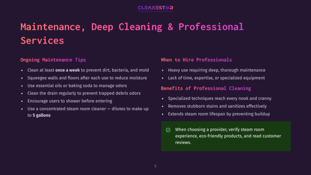 5 Maintenance Deep Cleaning And Professional Services A Screenshot Of A Website Section Titled &Quot;Maintenance, Deep Cleaning &Amp; Professional Services,&Quot; With A Dark Purple Background. The Section Is Divided Into Three Parts: Ongoing Maintenance Tips, When To Hire Professionals, And Benefits Of Professional Cleaning. Below The Headings Are Bullet Points Detailing Tips And Benefits.