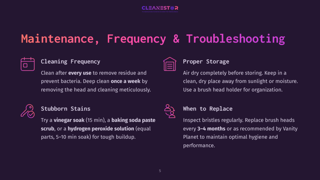 Infographic Detailing Maintenance, Frequency, And Troubleshooting Tips For Cleaning. Sections Include Cleaning Frequency, Proper Storage, Stubborn Stains, And When To Replace. Icons And Text Are Highlighted With Vibrant Colors On A Dark Background.
