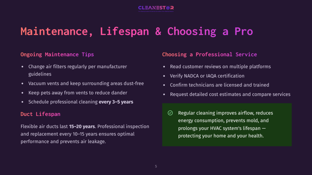 A Graphic With Purple Background Displaying Tips For Duct Lifespan And Professional Service Selection. It Highlights Ongoing Maintenance Tips And Choosing A Professional Service.