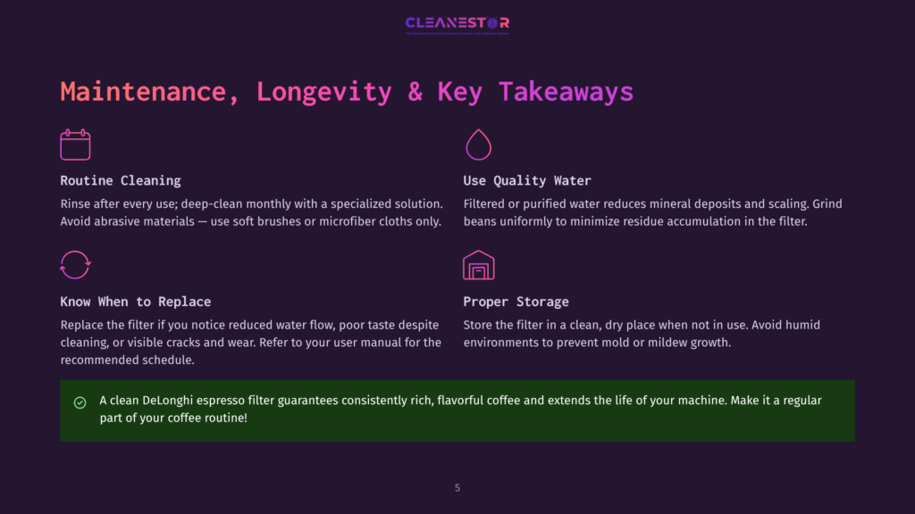 Cleanestor Logo And Text: &Quot;Maintenance, Longevity &Amp; Key Takeaways.&Quot; Icons And Text Detail Routine Cleaning, Filter Replacement, And Storage For Espresso Machines.