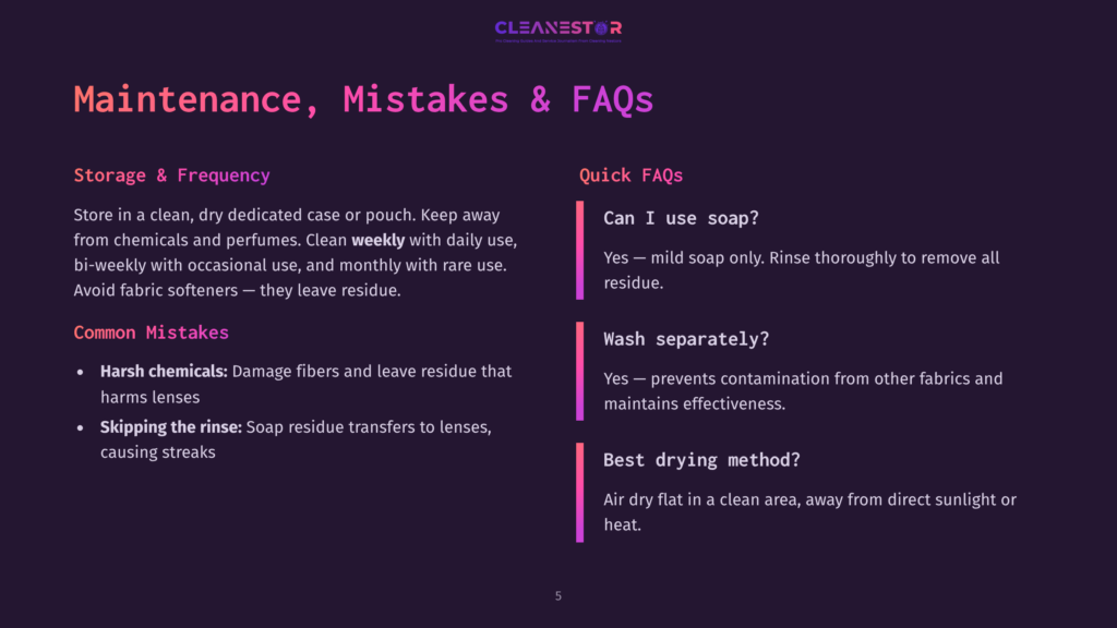 Infographic Titled &Quot;Maintenance, Mistakes &Amp; Faqs&Quot; For Cleaning Lenses, With Sections On Storage, Frequency, Common Mistakes, And Quick Faqs About Soap And Drying.