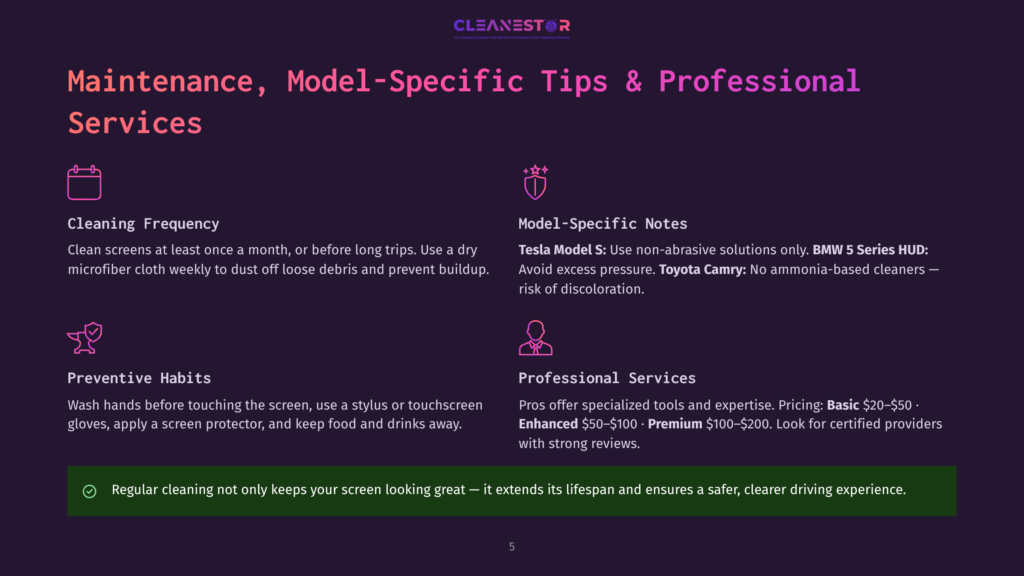 A Webpage With Sections On Maintenance, Model-Specific Tips, And Professional Services. The &Quot;Maintenance&Quot; Section Advises Cleaning Screens At Least Once A Month Or Before Long Trips, Using A Dry Microfiber Cloth. The &Quot;Model-Specific Tips&Quot; Section Highlights Tesla Model S And Bmw 5 Series Hud. &Quot;Preventive Habits&Quot; Recommends Washing Hands Before Touching The Screen And Using A Stylus Or Touchscreen Gloves. &Quot;Professional Services&Quot; Mentions Specialized Tools And Expertise Pricing, With Enhanced Options Available.