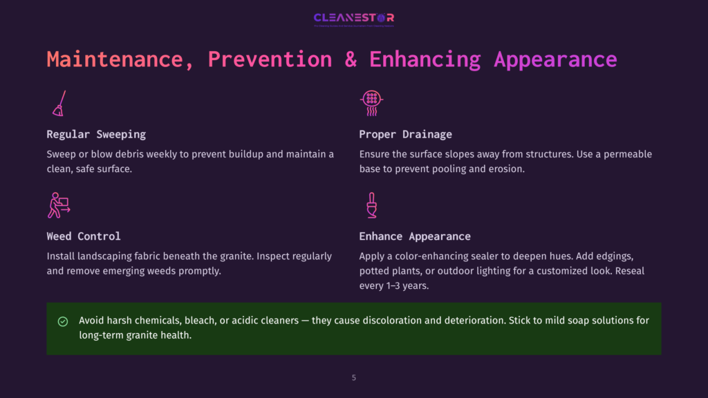 Cleanestor Maintenance, Prevention &Amp; Enhancing Appearance Graphic With Icons For Sweeping, Drainage, Weed Control, And Appearance Enhancement. Text Details Services For Granite Health.