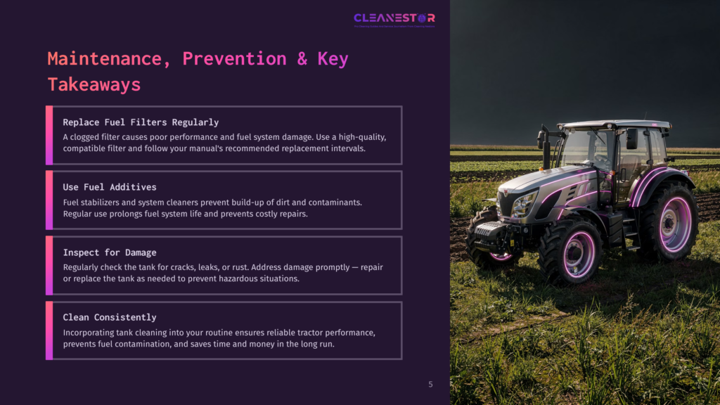 5 Maintenance Prevention And Key Takeaways 1 A Modern, Sleek Tractor With Glowing Pink Accents Sits In A Field At Dusk. The Text Overlay Discusses Tractor Maintenance, Prevention, And Key Takeaways, Including Replacing Fuel Filters, Using Fuel Additives, Inspecting For Damage, And Cleaning Consistently.