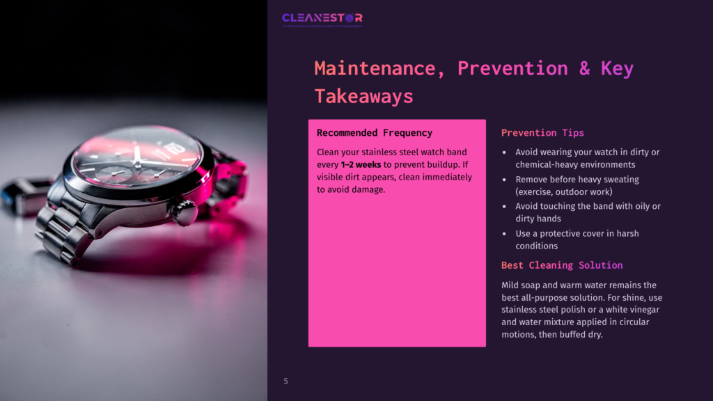 A Close-Up Of A Sleek, Modern Wristwatch With A Silver-Tone Face And A Pink Metallic Band, Placed On A Reflective Surface With A &Quot;Maintenance, Prevention &Amp; Key Takeaways&Quot; Title Above It, Detailing Care Instructions.