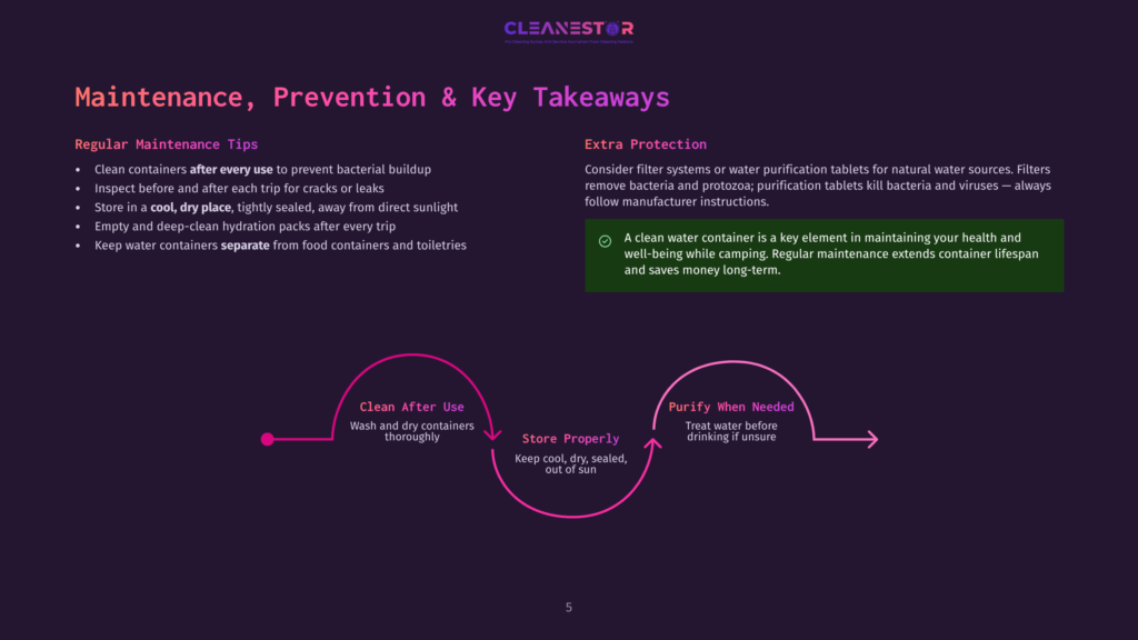 5 Maintenance Prevention And Key Takeaways 2 Infographic Detailing Maintenance, Prevention, And Key Takeaways For Clean Water Containers, Including Tips For Regular Maintenance And Extra Protection, With A Visual Flow Chart Showing Cleaning And Purification Steps.