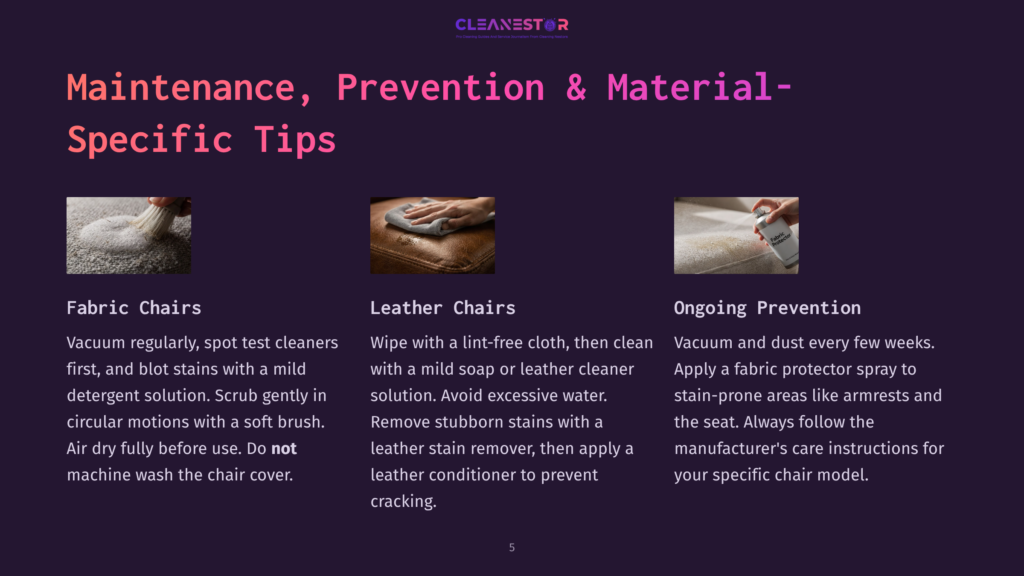 Three Images Show Chair Maintenance: A Brush Cleaning A Fabric Chair, A Hand Wiping A Leather Chair, And A Spray Can On A Chair. Text Highlights Fabric Chair, Leather Chair, And Ongoing Prevention Tips.