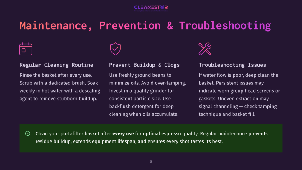 Infographic Titled &Quot;Maintenance, Prevention &Amp; Troubleshooting&Quot; With Icons For Cleaning, Preventing Buildup, And Troubleshooting, Offering Tips For Regular Cleaning Routines, Preventing Clogs, And Resolving Issues.