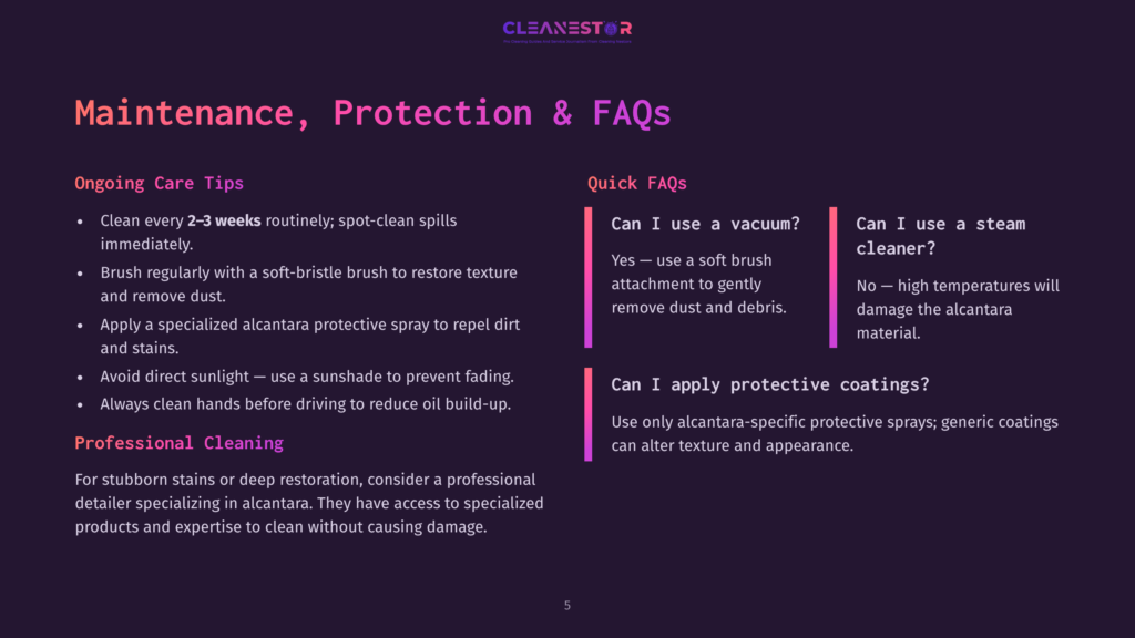 An Infographic With A Dark Background Displays Alcantara Maintenance Tips. It Includes Ongoing Care Tips Such As Cleaning Every 2-3 Weeks, Brushing Regularly, And Using Protective Sprays. Quick Faqs Section Answers If Using A Vacuum, Steam Cleaner, And Protective Coatings Is Suitable For Alcantara, With Explanations.