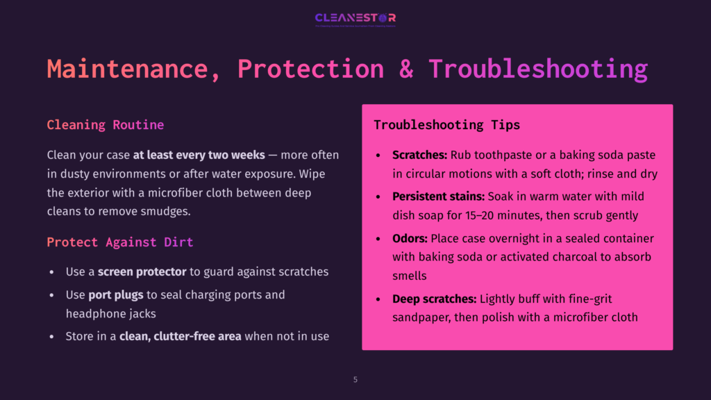 Cleanestor Logo And Troubleshooting Tips For Product Maintenance: Cleaning Routine, Protecting Against Dirt, And Troubleshooting Scratches, Persistent Stains, Odors, And Deep Scratches.