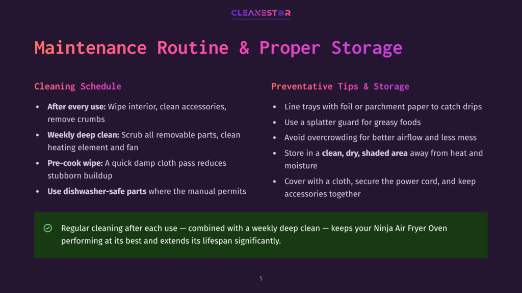 Cleanestor Logo At The Top Of A Slide Detailing A Ninja Air Fryer Maintenance Routine And Proper Storage Tips, Including Cleaning Schedules And Preventative Tips.