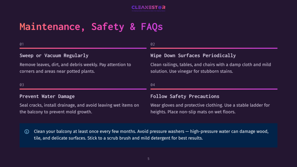 5 Maintenance Safety And Faqs Cleanestor Logo Above &Quot;Maintenance, Safety &Amp; Faqs&Quot; Text. Sections Detail: Sweep Or Vacuum Regularly, Wipe Down Surfaces Periodically, Prevent Water Damage, And Follow Safety Precautions. A Tip Advises Against High-Pressure Washers.