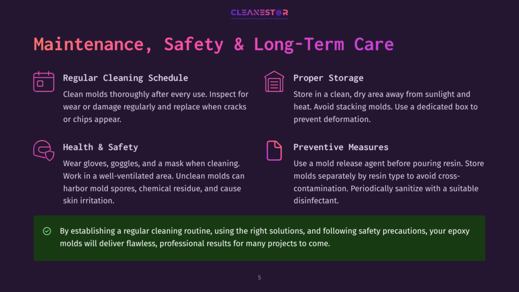 An Infographic On Maintenance, Safety, And Long-Term Care For Epoxy Molds, Featuring Sections On Regular Cleaning, Proper Storage, Health And Safety, And Preventive Measures, With Icons And Text Boxes.