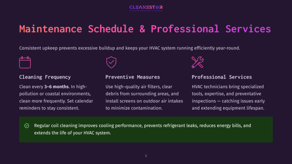 5 Maintenance Schedule And Professional Services A Dark-Themed Webpage Discussing Hvac Maintenance With Sections On Cleaning Frequency, Preventive Measures, And Professional Services. Icons For Cleaning, Protection, And Service Are Displayed. The Text Emphasizes The Importance Of Regular Cleaning, Using High-Quality Filters, And Professional Hvac Inspections.