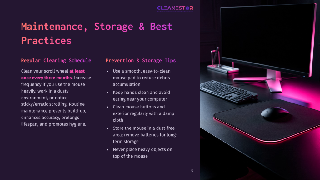 A Computer Setup With A Sleek Black Desk Features A Modern Computer Monitor, Keyboard, And Mouse. A Neon-Lit Mouse Pad With Red Accents Rests On The Desk, Emphasizing A Maintenance And Storage Tips Guide. The Guide Suggests Using A Smooth, Easy-To-Clean Mouse Pad, Keeping Hands Clean, And Storing The Mouse In A Dust-Free Area.