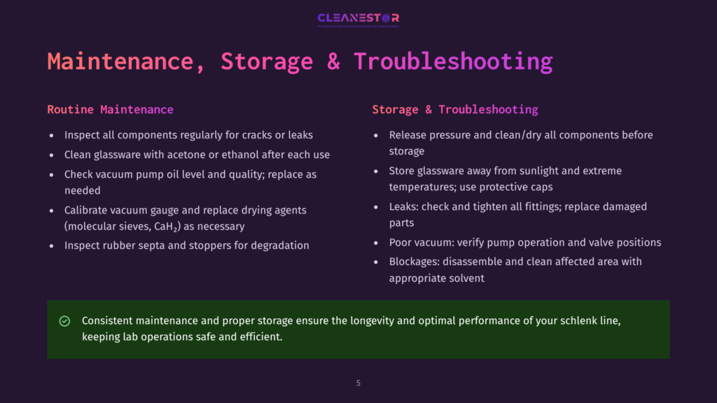 Cleanestor Maintenance, Storage &Amp; Troubleshooting Slide: Routine Maintenance Checklist Includes Inspecting Glassware, Cleaning With Acetone Or Ethanol, Checking Vacuum Pump Oil, Calibrating Vacuum Gauge, And Inspecting Rubber Septa. Storage &Amp; Troubleshooting Includes Releasing Pressure, Storing Away From Sunlight, Checking Fittings, And Addressing Poor Vacuum Or Blockages.