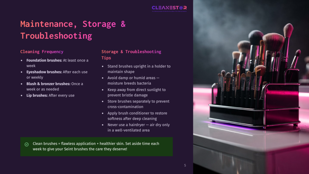 A Vibrant Image Of Multiple Makeup Brushes Organized In A Sleek, Modern Brush Holder. The Brushes Include Foundation, Eyeshadow, Blush, And Lip Brushes, Neatly Arranged On A Pink, Metallic Stand Against A Dark Background. The Brush Holder Features A Modern Design With A Black Base And A Pink Top With An Led Light, Adding A Stylish Touch To The Image.