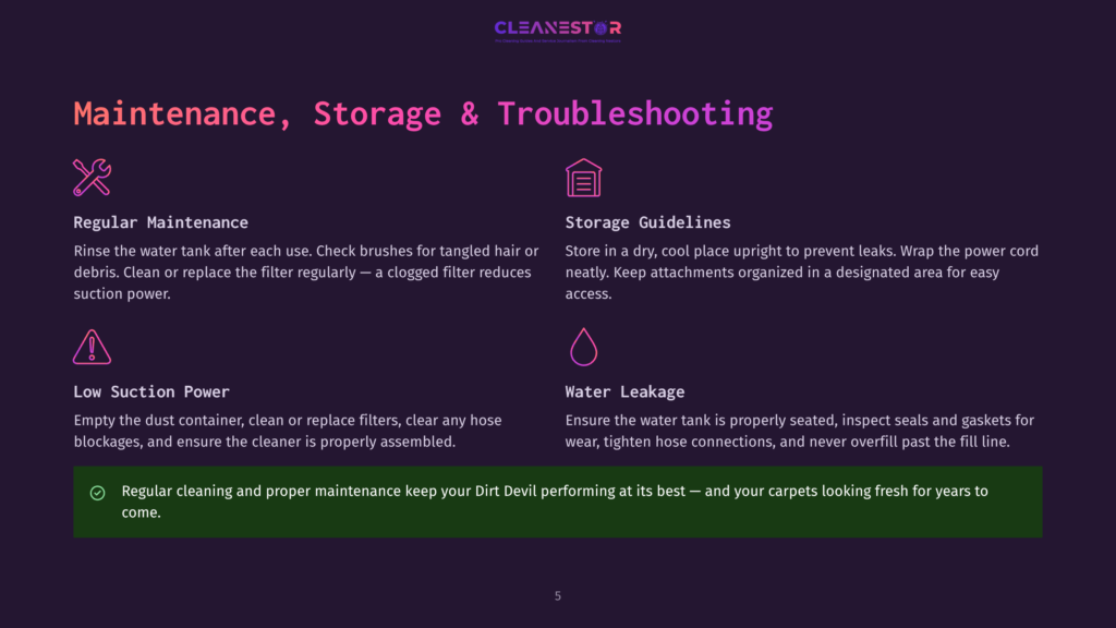 Diagram Outlining Dirt Devil Maintenance, Storage, And Troubleshooting. Includes Icons For Regular Maintenance, Storage Guidelines, Low Suction, And Water Leakage, With Text Detailing Each Section.