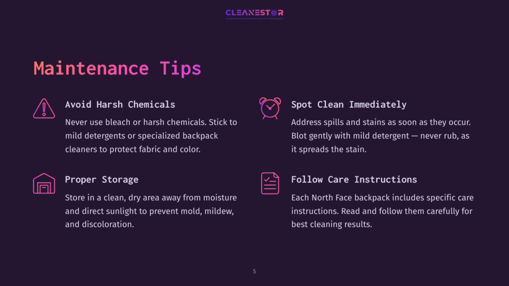 Dark Purple Background With &Quot;Cleanestor&Quot; Logo At The Top. Text Reads &Quot;Maintenance Tips&Quot; With Four Sections: &Quot;Avoid Harsh Chemicals,&Quot; &Quot;Spot Clean Immediately,&Quot; &Quot;Proper Storage,&Quot; And &Quot;Follow Care Instructions.